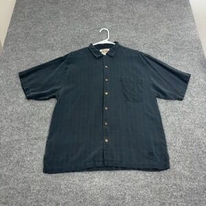 Paradise Cove Shirt Men L Black 100 Silk Grid Palm Tree Embroidered Casual Style